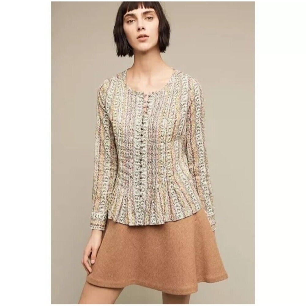 Anthropologie Maeve Multicolor Floral Stripe Button-Front Peplum Blouse